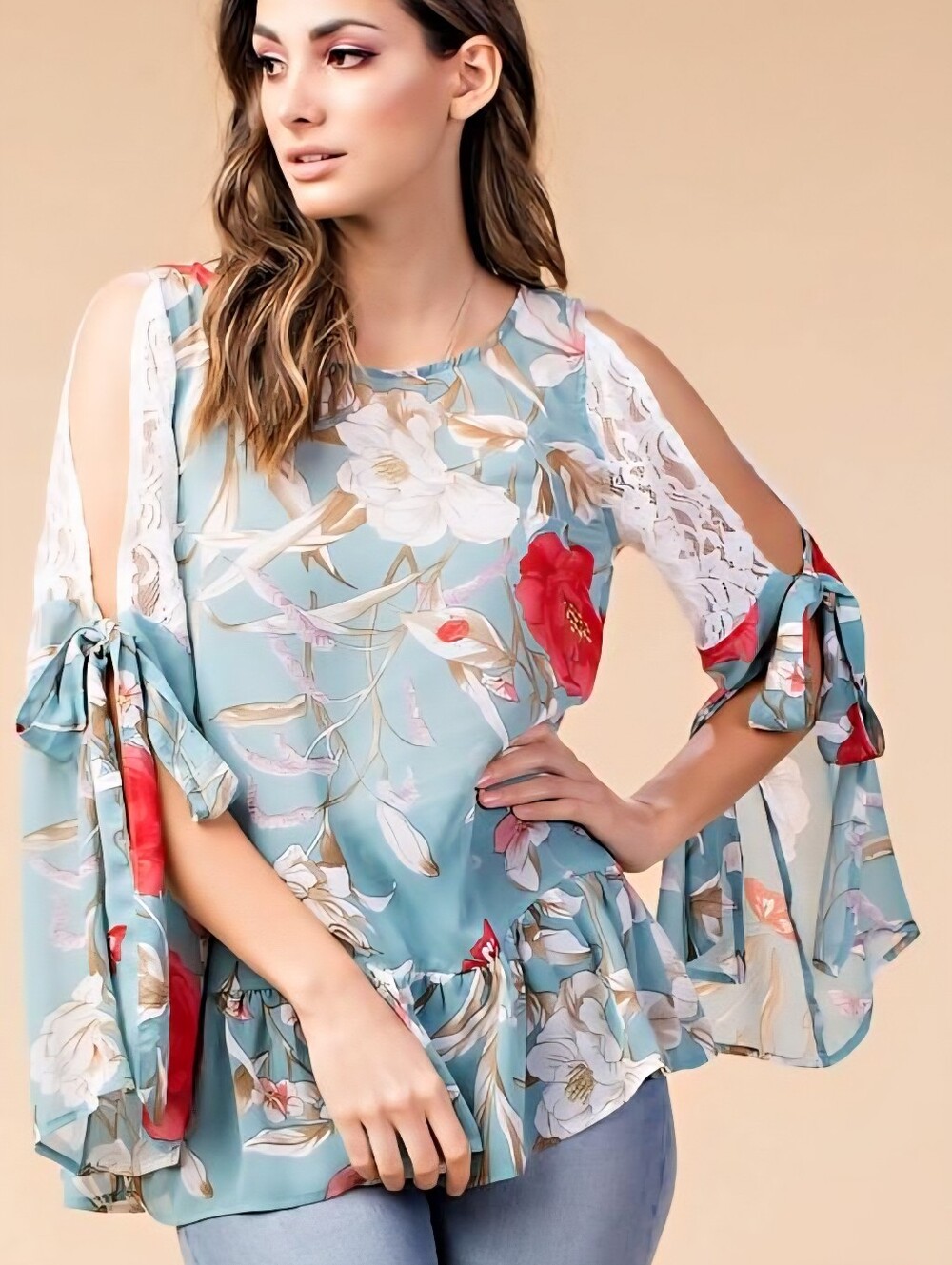 Floral Cold-Shoulder Sheer Peplum Blouse in Light Teal